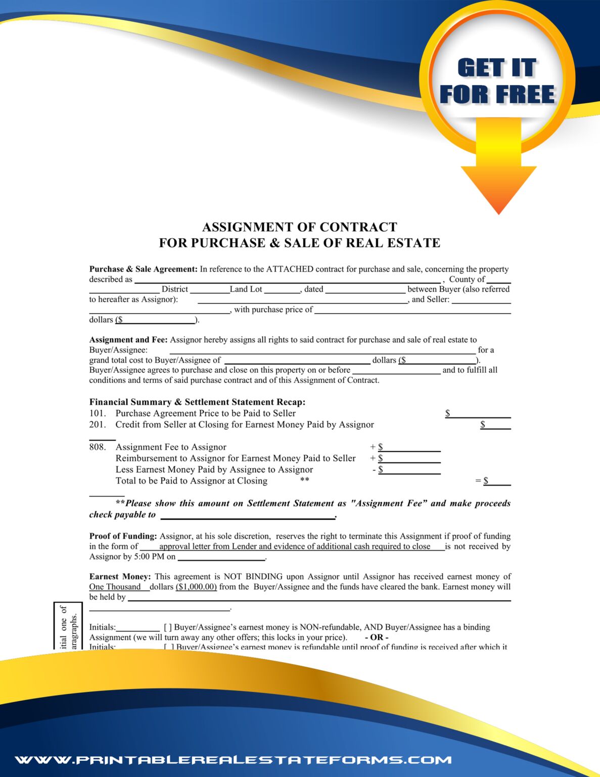 Sample Printable ASSIGNMENT OF CONTRACT Forms Template 2026