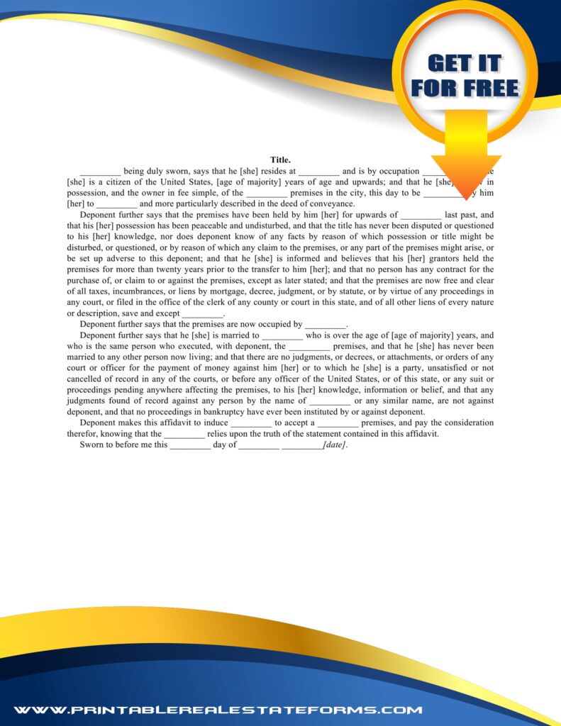 Free  Affidavit - Title Undisturbed Forms Simple  Affidavit - Title Undisturbed Template