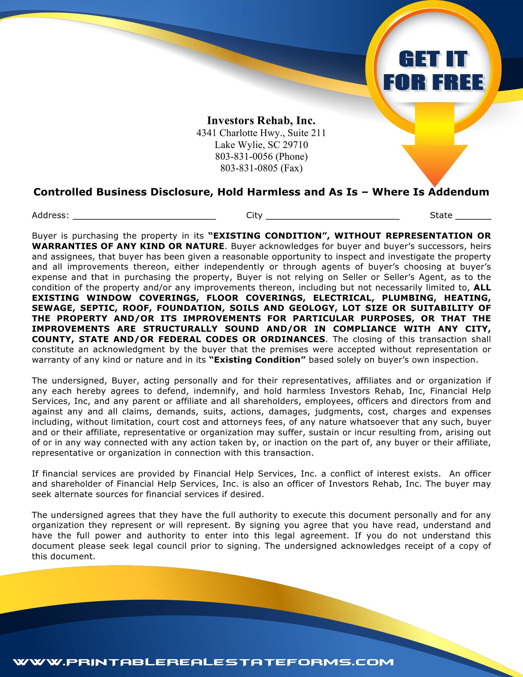 Sample Printable Controlled Business Disclosure - As Is Addendum Forms ...