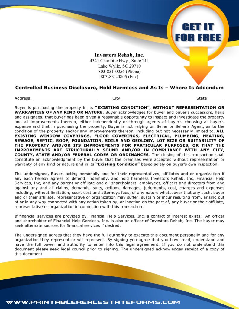 Simple Controlled Business Disclosure - As Is Addendum Template