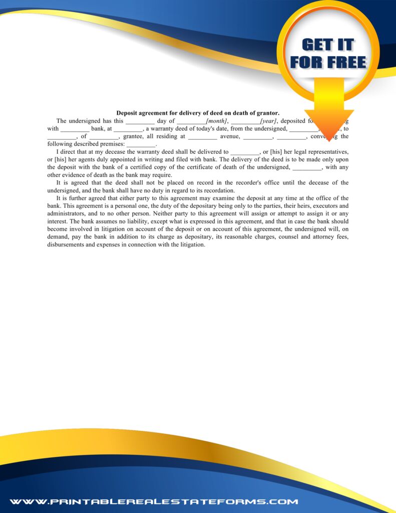 Simple Deposit Agreement For Delivery Of Deed On Death Of Grantor Template