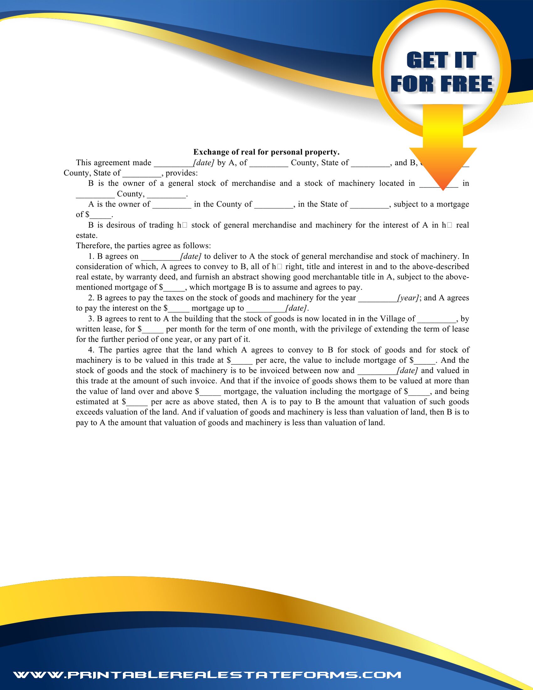 Sample Printable Exchange Of Real For Personal Property Forms Template 2024