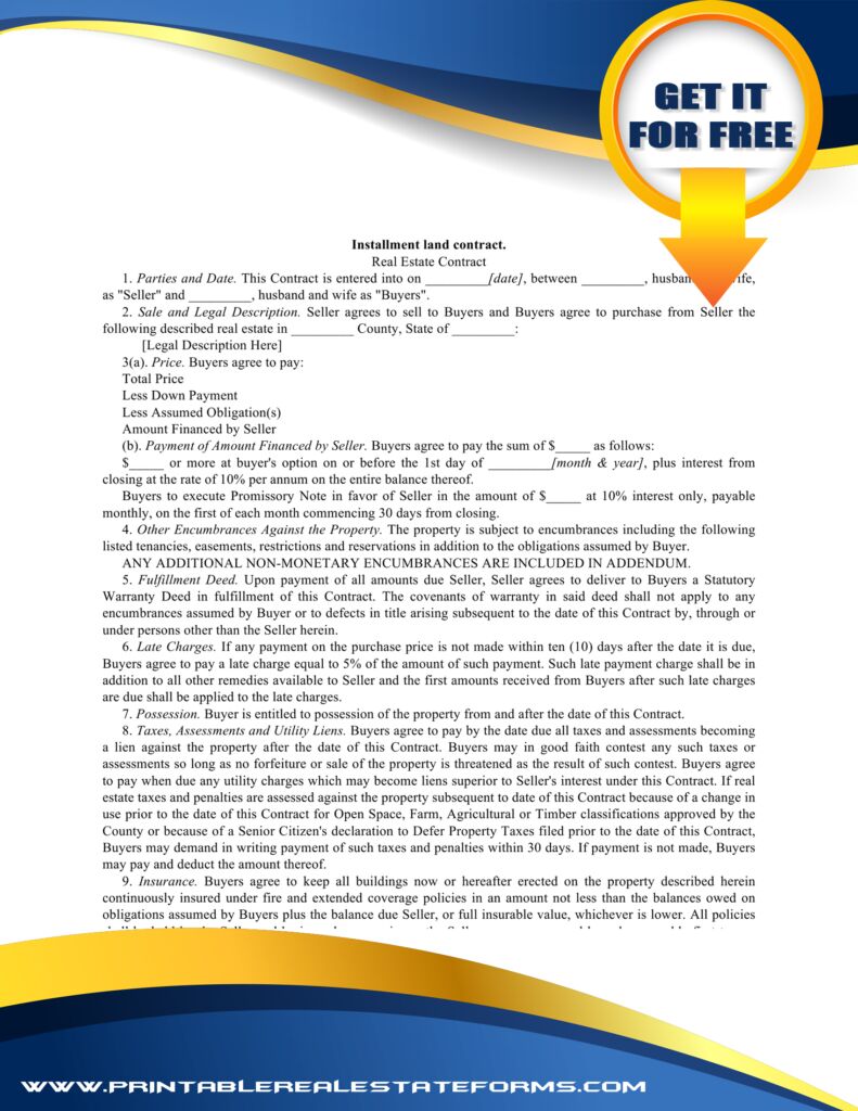 Free Installment Land Contract Forms Simple Installment Land Contract Template