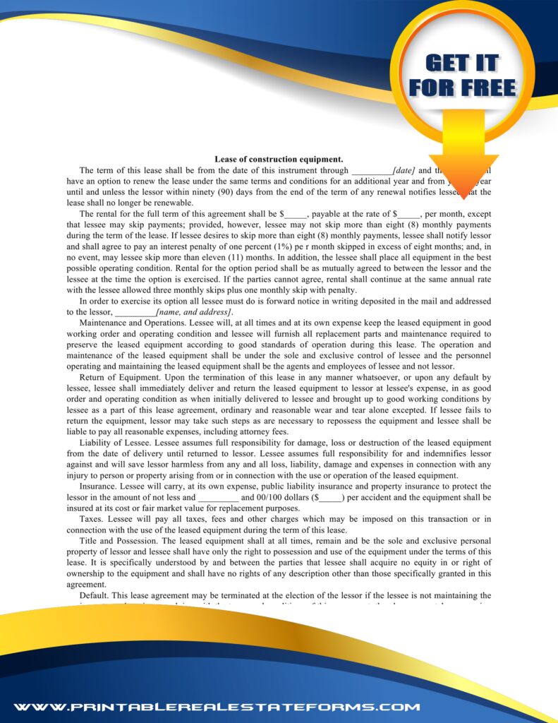 Free Lease Of Construction Equipment Forms Simple Lease Of Construction Equipment Template