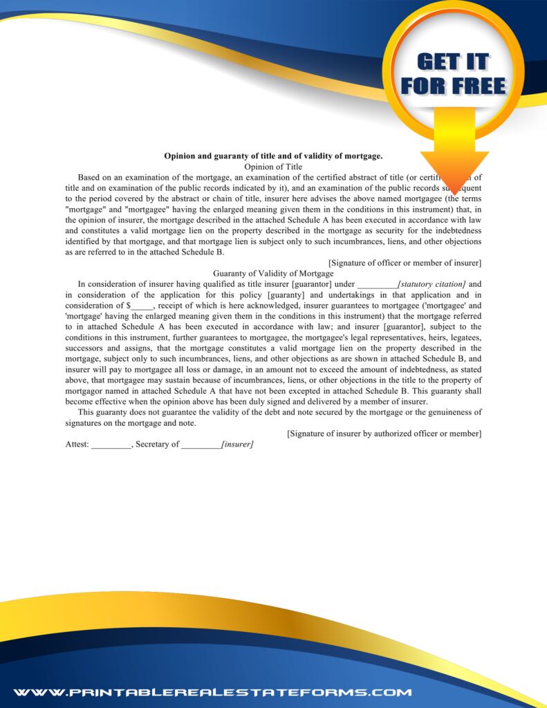 Simple Opinion And Guaranty Of Title And Of Validity Of Mortgage Template Simple Opinion And Guaranty Of Title And Of Validity Of Mortgage Template