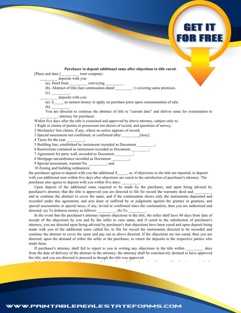 Free Purchaser To Deposit Additional Sums After Objections To Title Cured Forms Simple Purchaser To Deposit Additional Sums After Objections To Title Cured Template