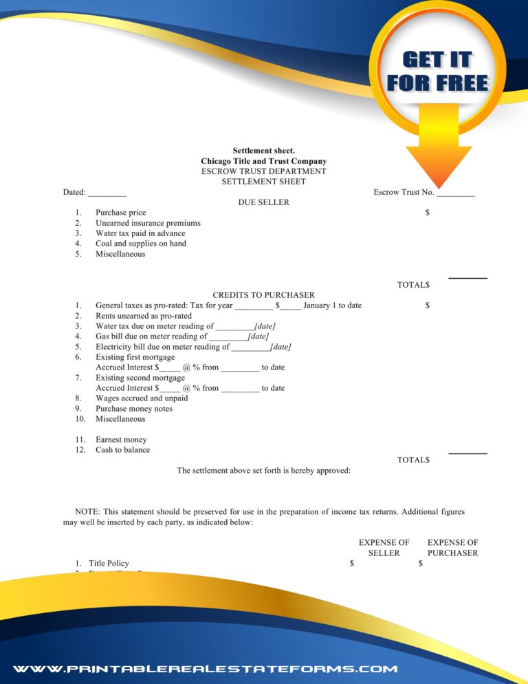 Sample Printable Settlement Sheet Forms Template 2023