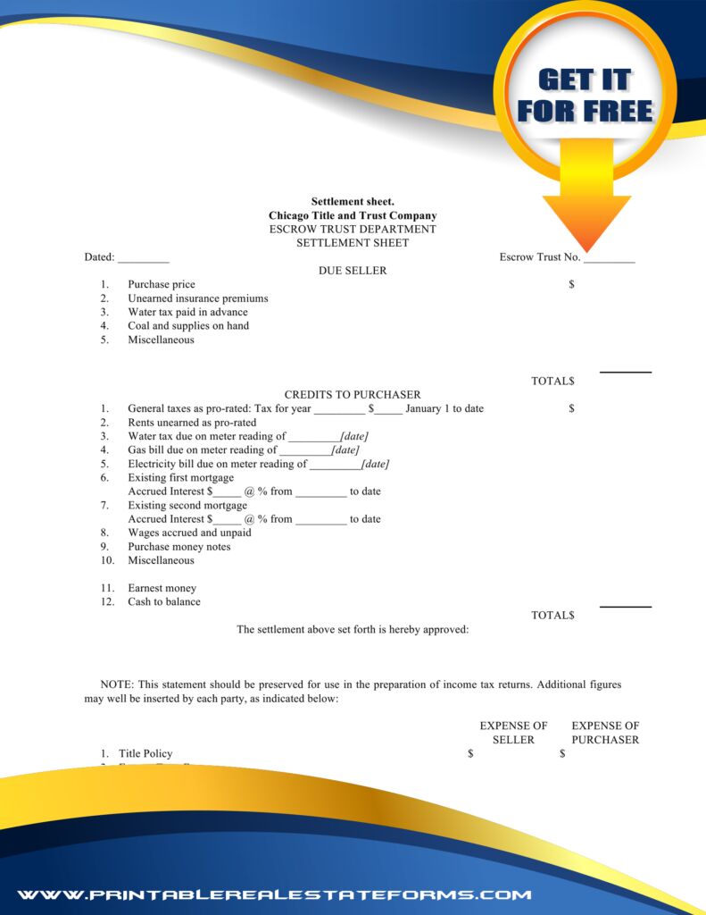 Free Settlement Sheet Forms Simple Settlement Sheet Template