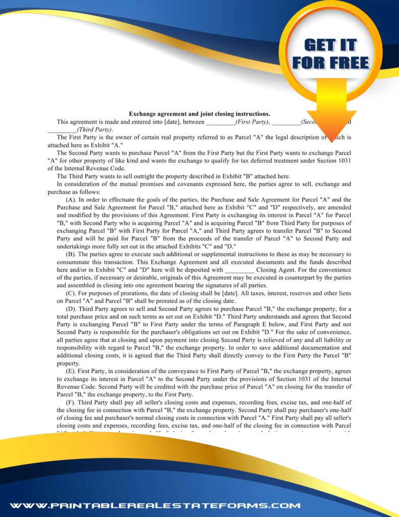 Simple  Exchange Agreement And Joint Closing Instructions Template