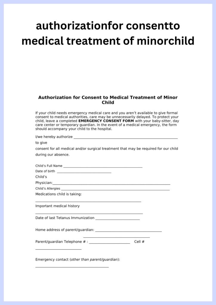 Authorization For Consentto Medical Treatment Of Minorchild Simple Authorization For Consent To Medical Treatment Of Minor Child Template
