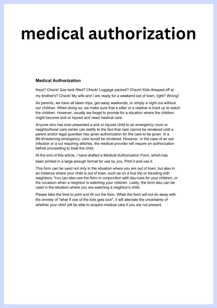 Medical Authorization Simple Medical Authorization Template